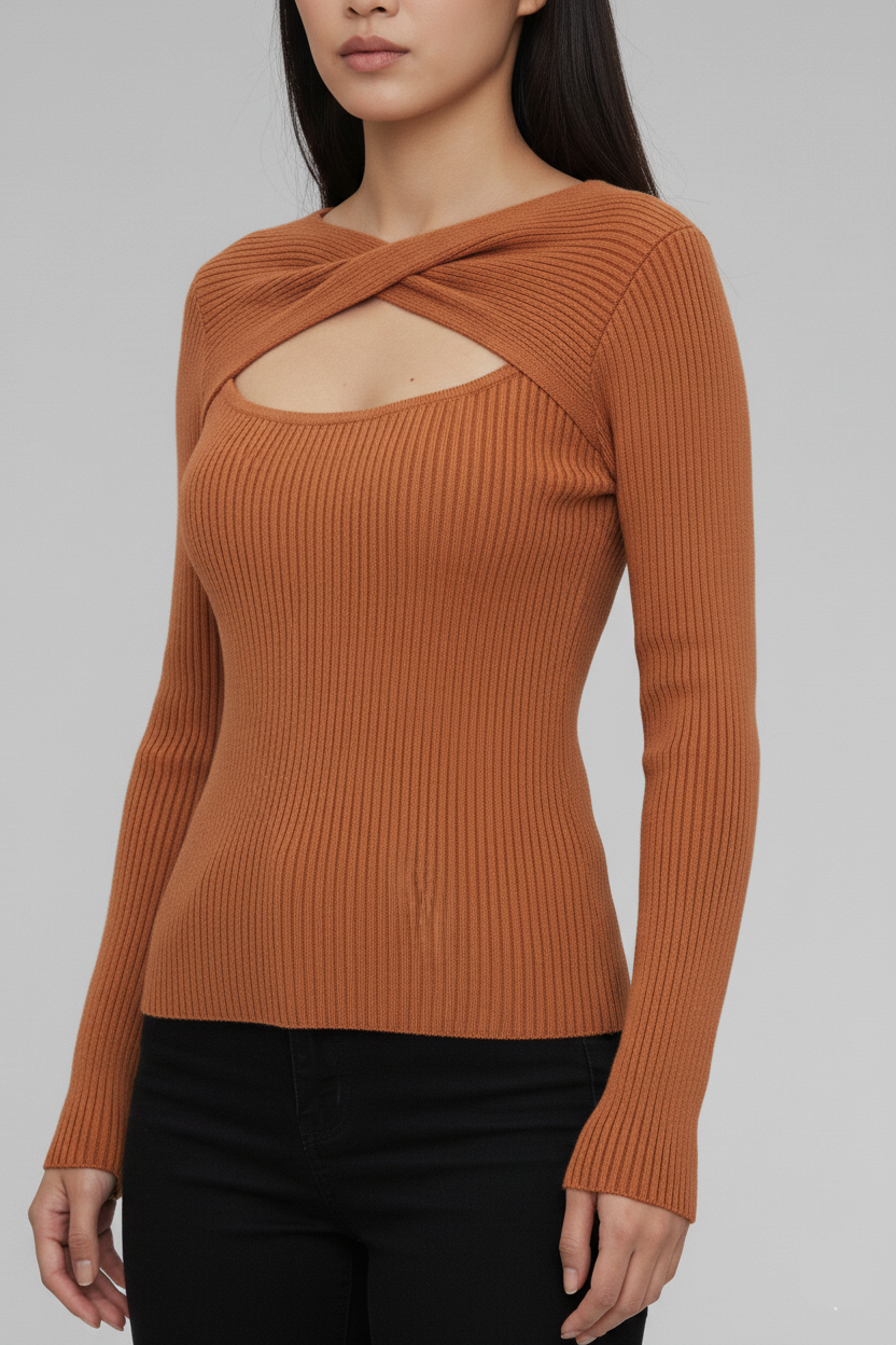 Twist-Neck Ribbed Sweater