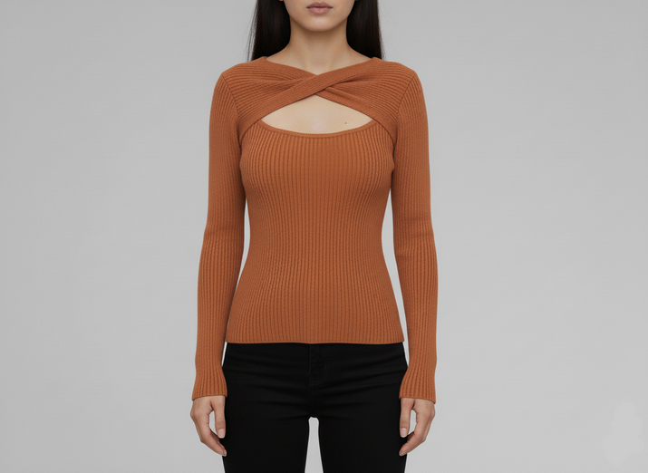 Twist-Neck Ribbed Sweater