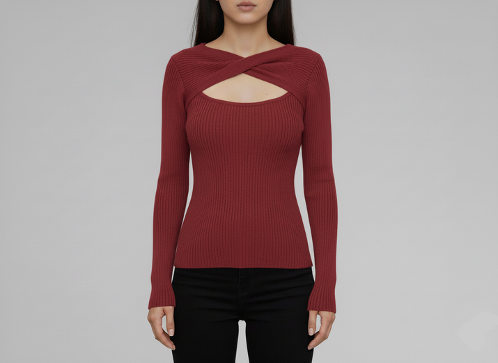 Twist-Neck Ribbed Sweater
