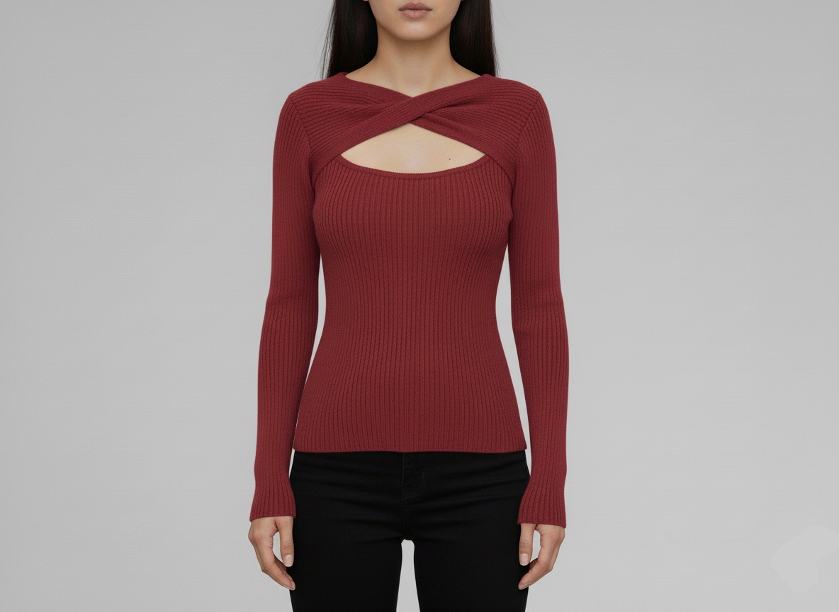 Twist-Neck Ribbed Sweater