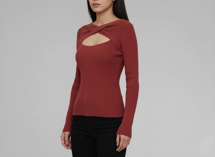 Twist-Neck Ribbed Sweater