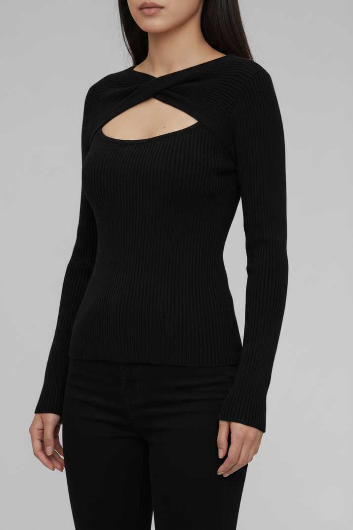 Twist-Neck Ribbed Sweater