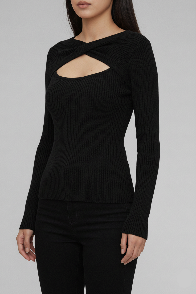 Twist-Neck Ribbed Sweater